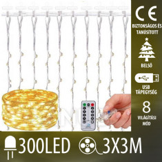 Karácsonyi beltéri led fényfüggöny USB – 300 led – programok - vezérlő – 3x3m - meleg fehér