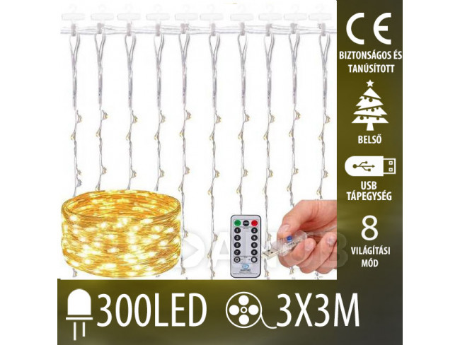 Karácsonyi beltéri led fényfüggöny USB – 300 led – programok - vezérlő – 3x3m - meleg fehér