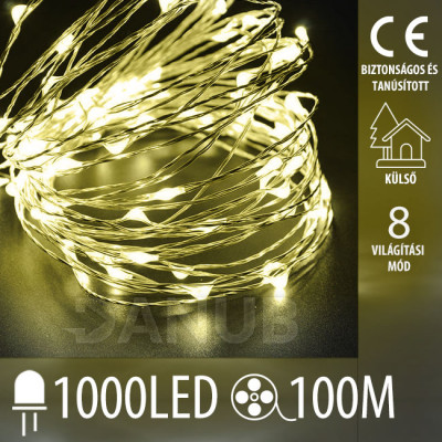 Karácsonyi mikro led fényfüzér kültéri + programozható - 1000led - 100m meleg fehér