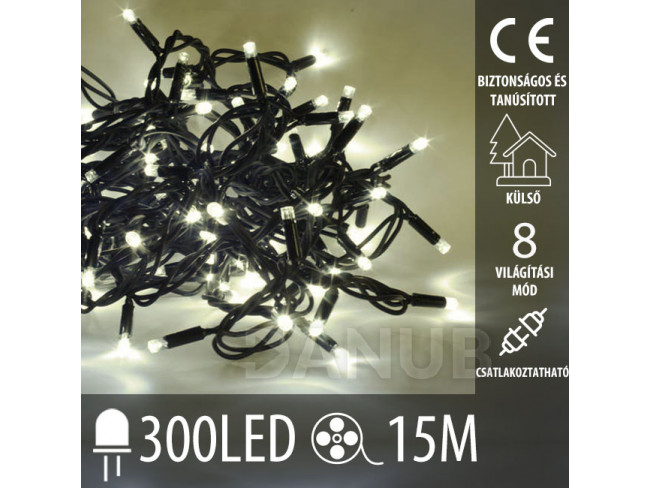 Karácsonyi kültéri led fényfüzér – csatlakoztatható + programozható - 300led – 15m Meleg fehér