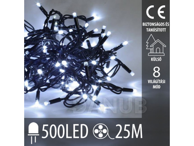 Karácsonyi kültéri led fényfüzér - programozható - 500led - 25m hideg fehér