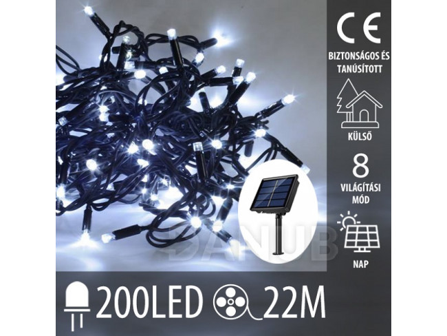 Karácsonyi led mikro fényfüzér napelemes + programozó - 200led – 22m hideg fehér