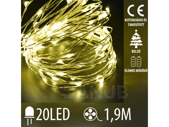 Karácsonyi elemmel működő led fény mikro lánc - 20led - 1,9m meleg fehér