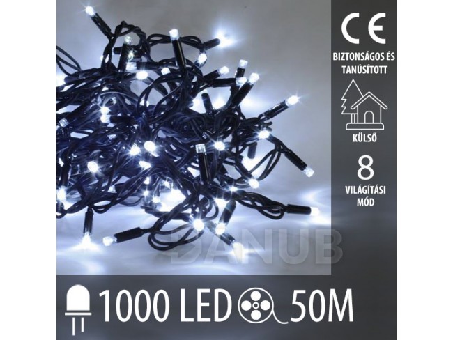 Karácsonyi led fénylánc kültéri + programozó - 1000led - 50m hideg fehér