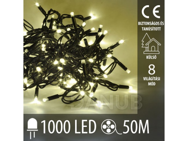 Karácsonyi led fénylánc kültéri + programozó - 1000led - 50m meleg fehér