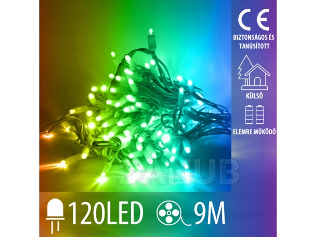 Karácsonyi led fénylánc kültéri elemmel működő + programozó - 120led - 9m multicolour