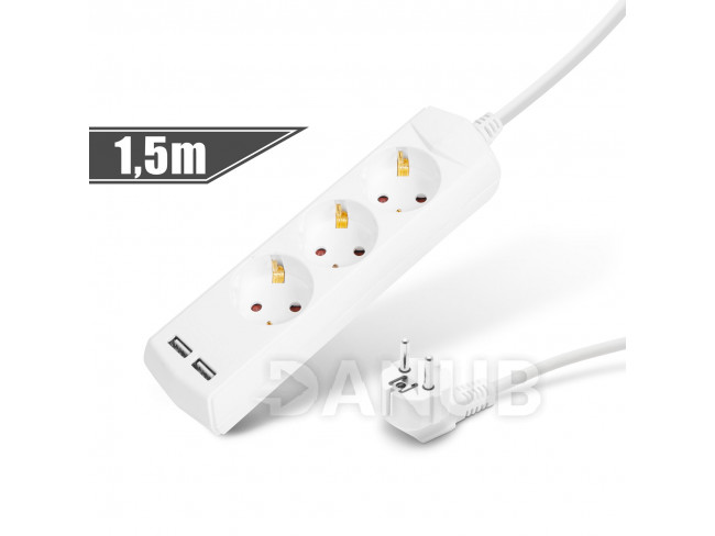 Elosztó 3-as - 3 x 1,5 mm² - 1,5 m - 2 x USB-vel